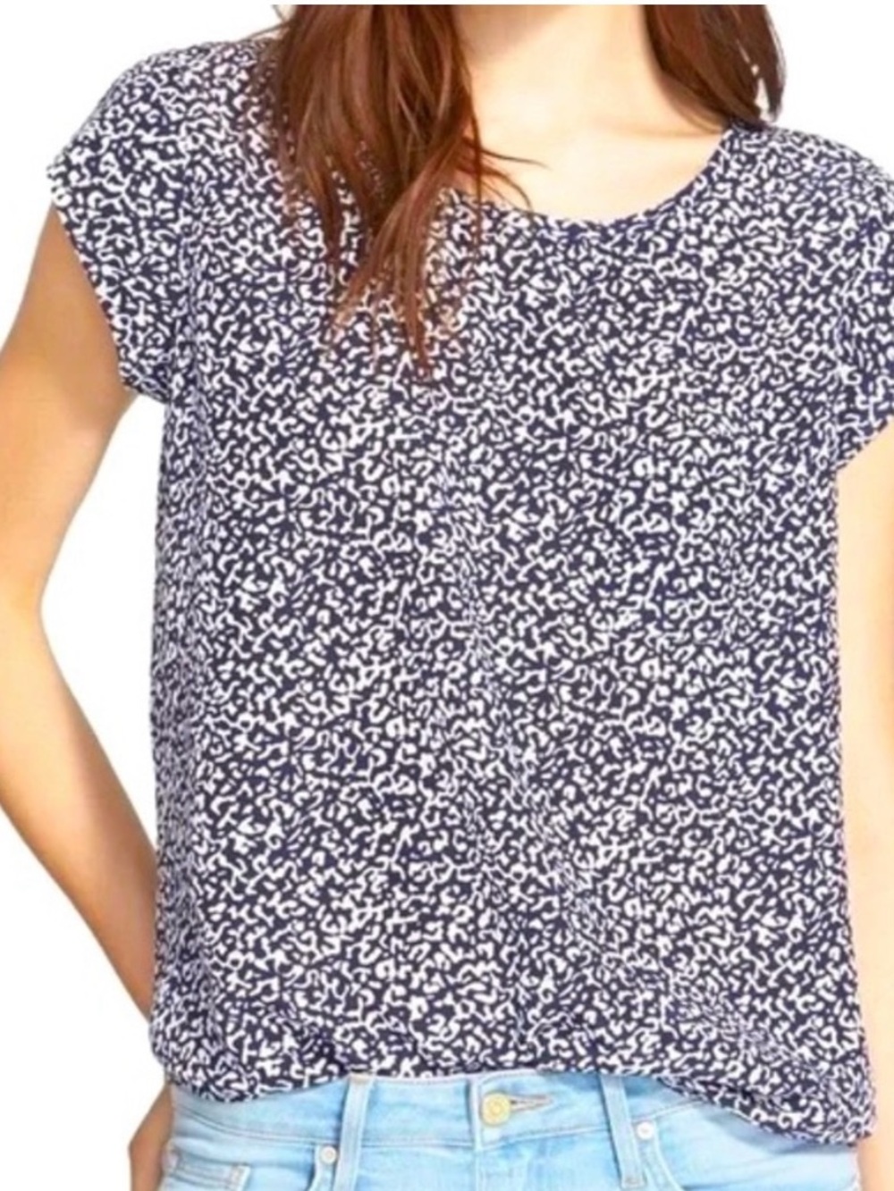 Joie Navy & White Short Sleeve Printed 100% Silk Top Size XS